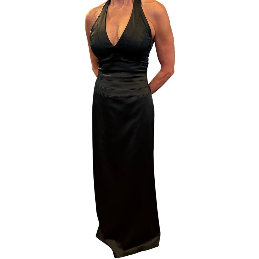 Cache Black Satin Halter Gown Size 6 Y2K Formal Maxi Dress Cleaned